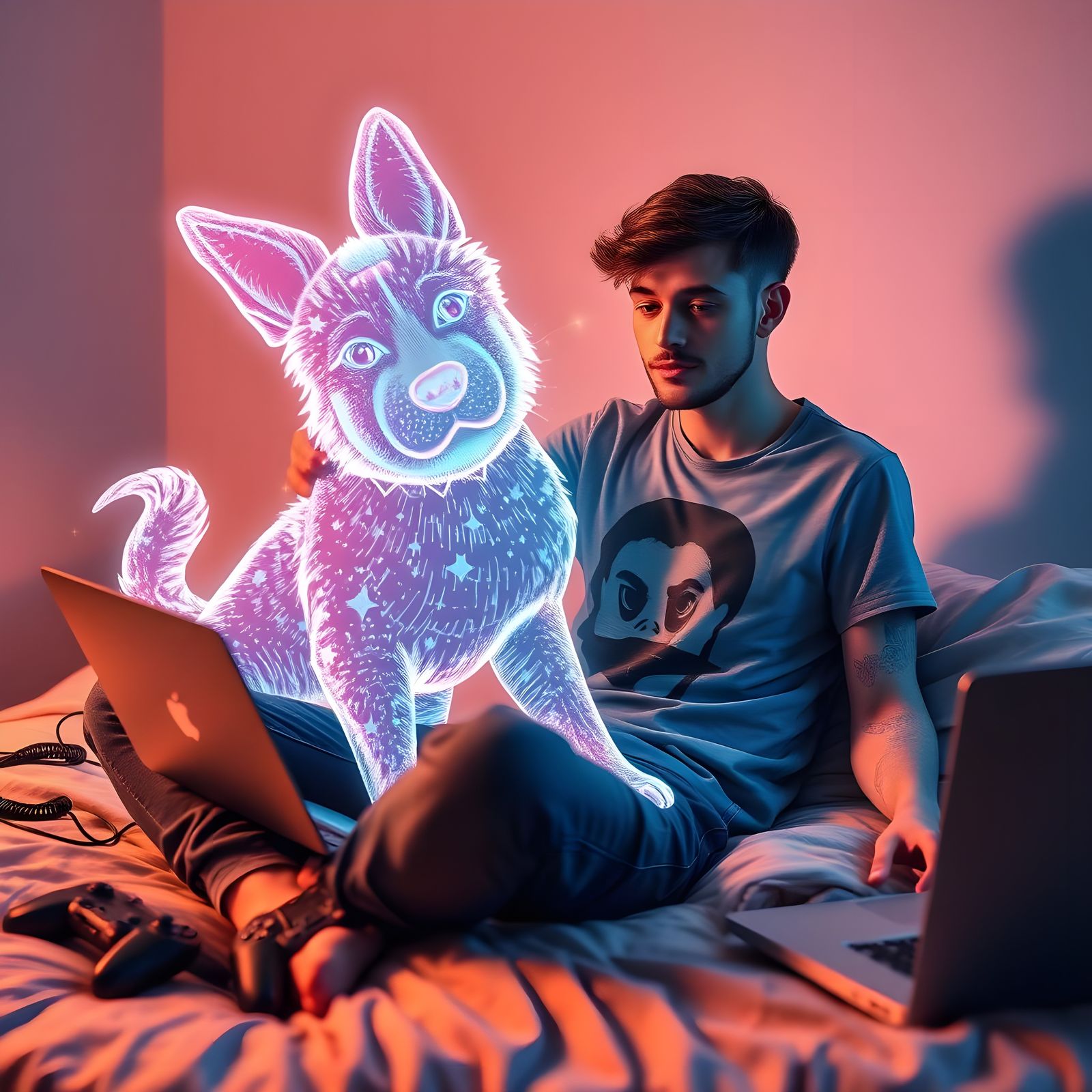 Futuristic Hologram: Man Plays with Digital Dog