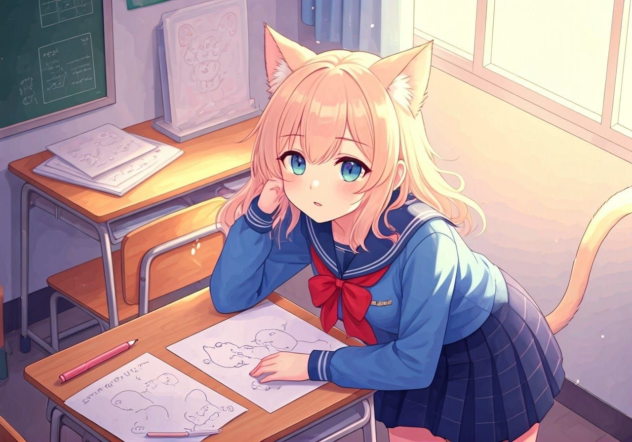 Chibi Catgirl Doodles in Dreamlike Anime Classroom