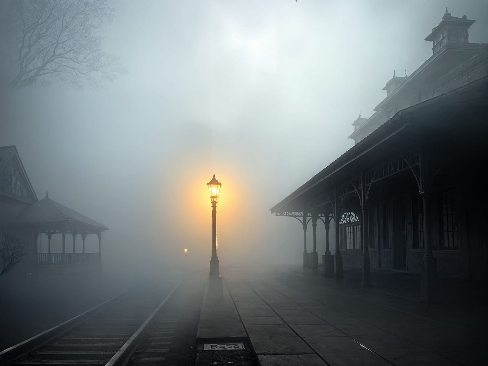 Eerie Nostalgia at Fog-Shrouded Train Station