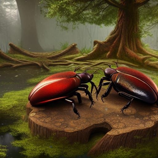 Stag Beetles Clash: Detailed Matte Painting