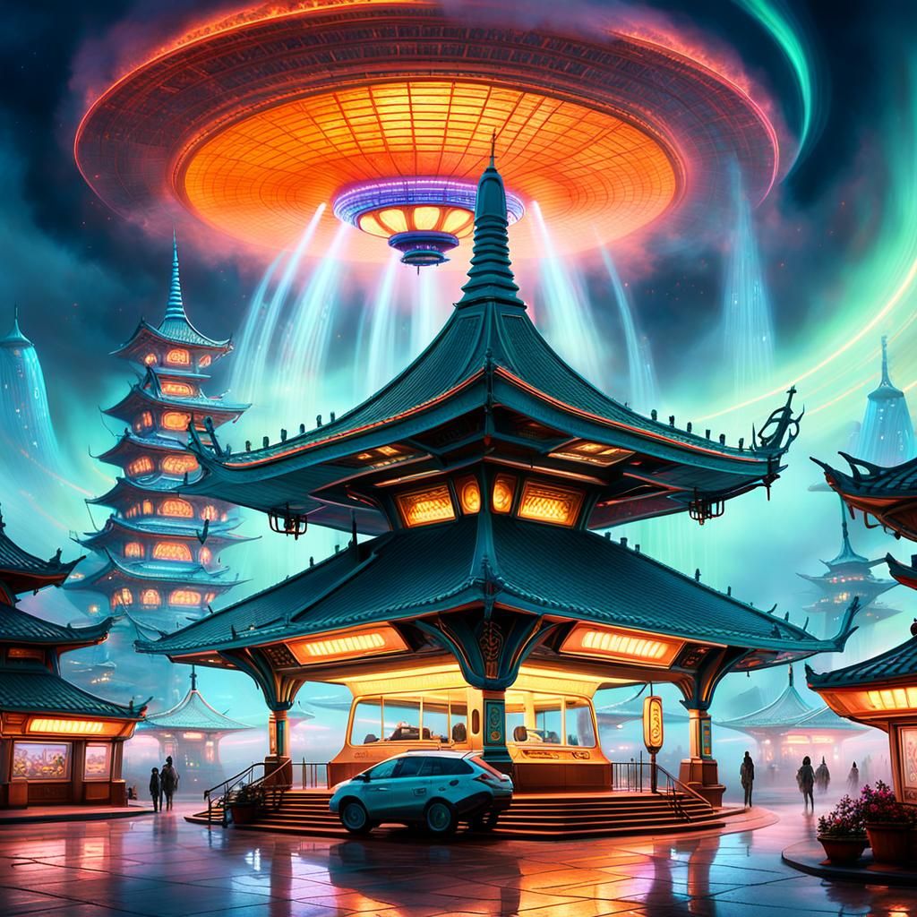 Alien Gas Station with Pagoda Roof in Ethereal Style