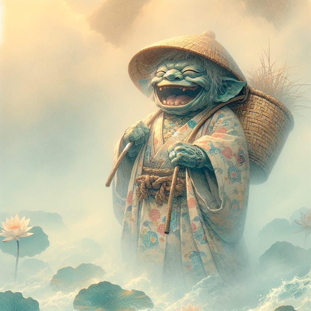 Laughing Gremlin in Ukiyo-e Style Waterfall Scene