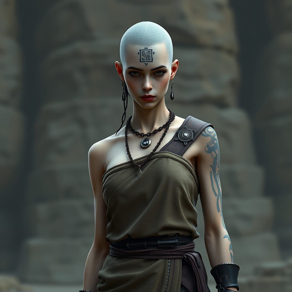 Futuristic Androgynous Woman with QR Tattoo, Concept Art