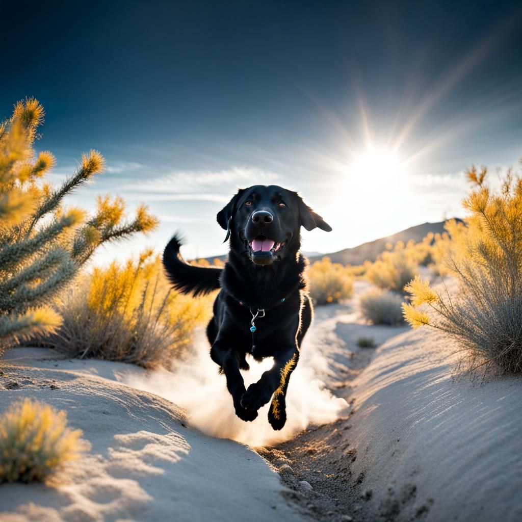 Black lab running in desert of Nevada with sagebrush, no collar, rocky ground, summer, happy joyful shining coat of blac...