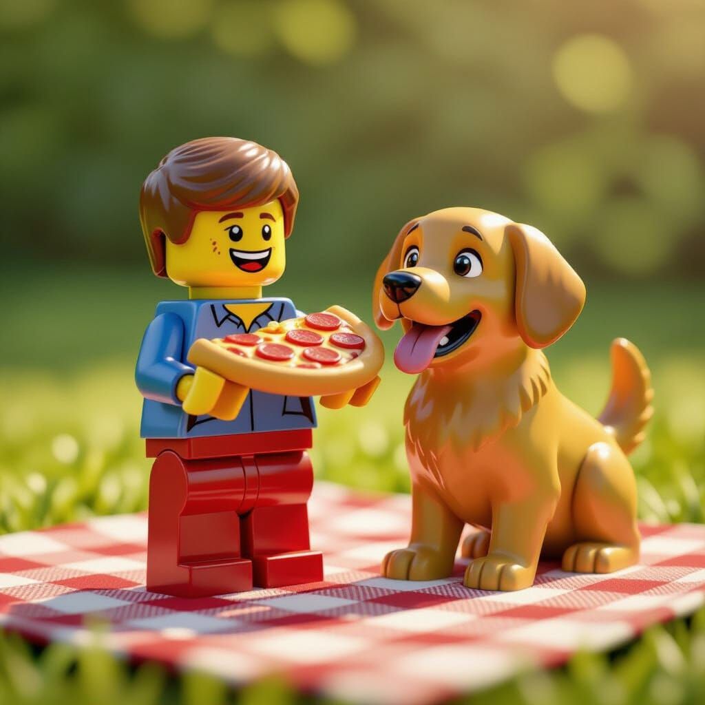 Lego Minifigure Eats Pizza With Dog