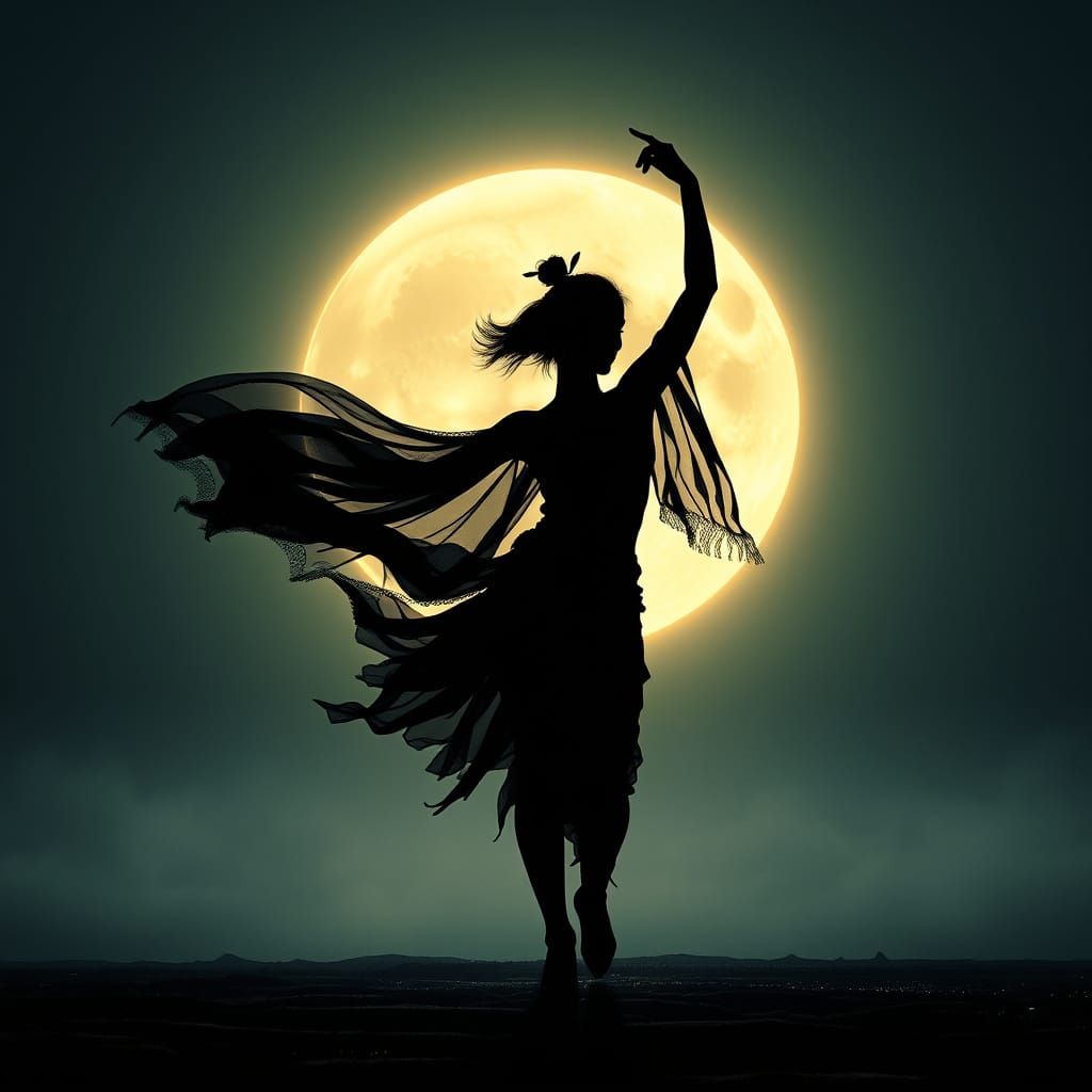 Moonlit Dancer Silhouette: Dramatic Digital Painting