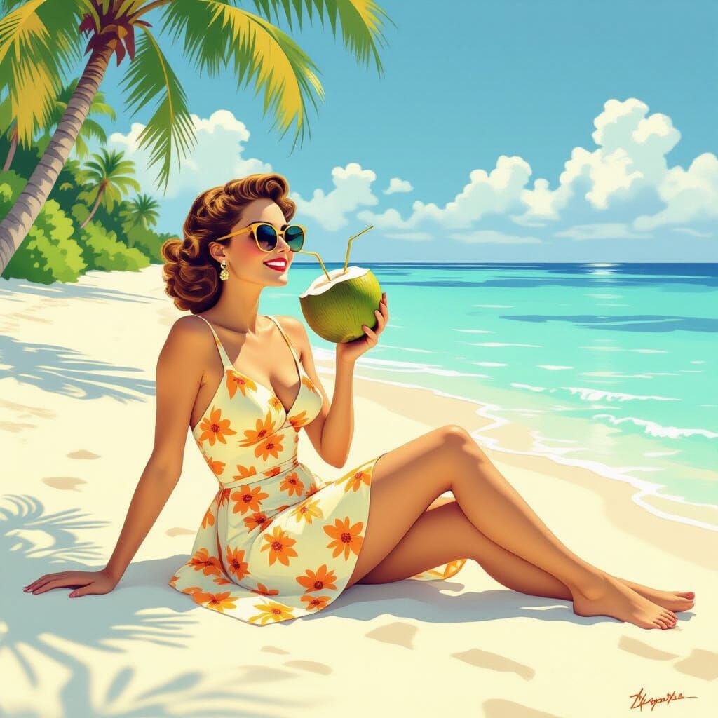 1950s Woman Enjoys Maldives Beach Vacation