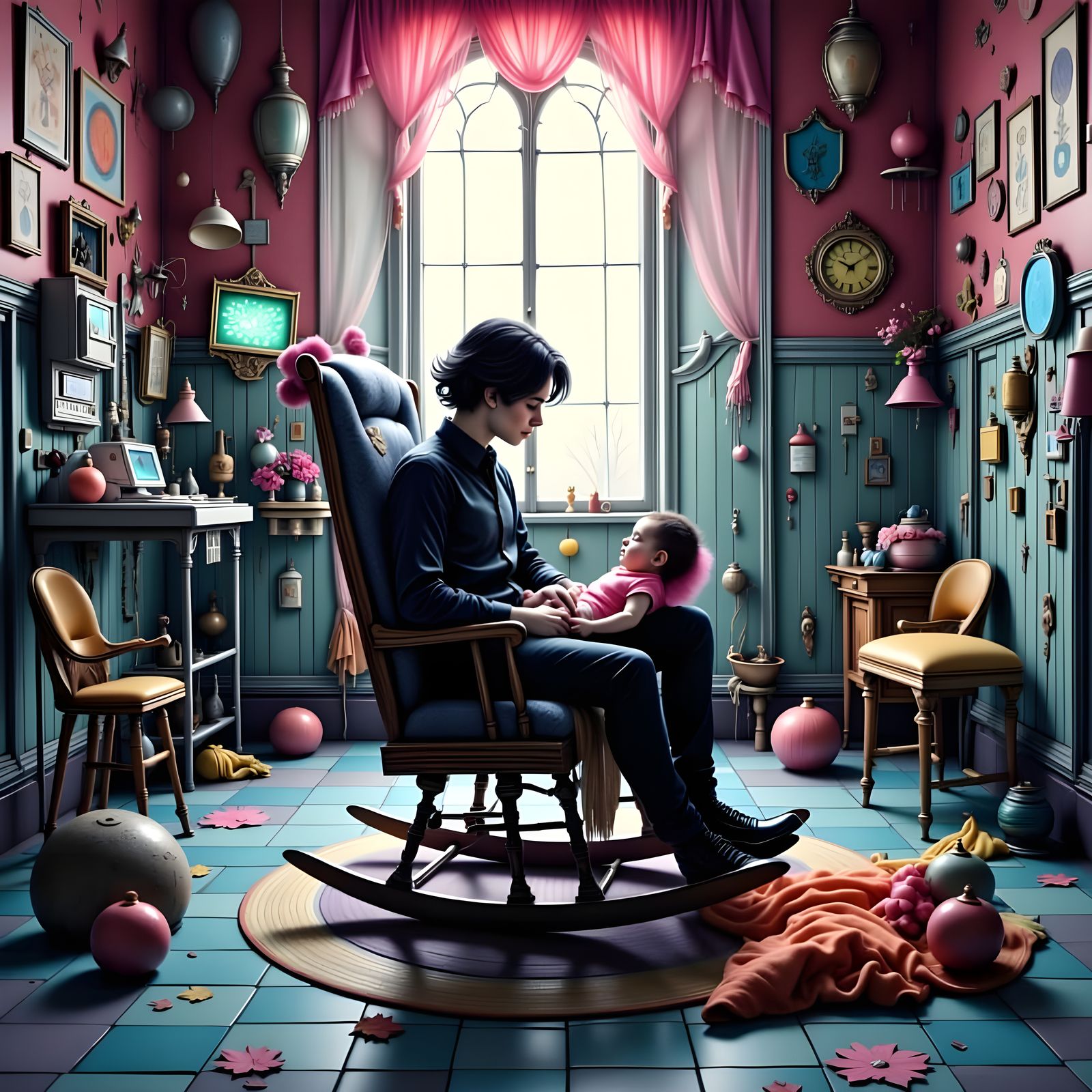 Goth Man Cradles Crying Baby in Neonatal Ward