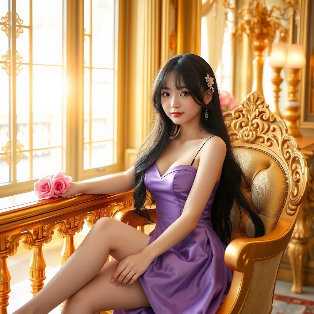 Japanese Girl in Violet Dress on Gold Bars
