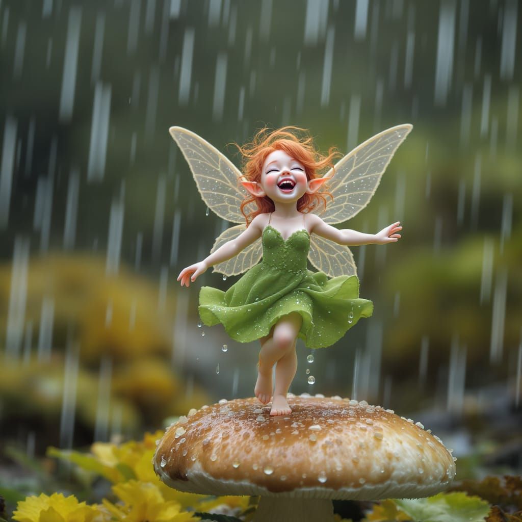 Redhead Fairy Dances in Summer Rain