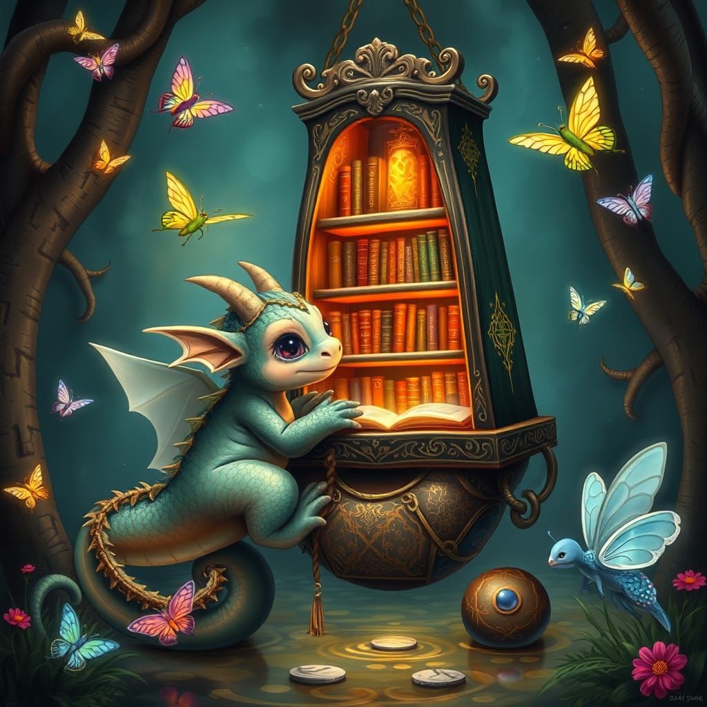 Whimsical Dragon Discovers Mystical Bookshelf Amidst Flutter...