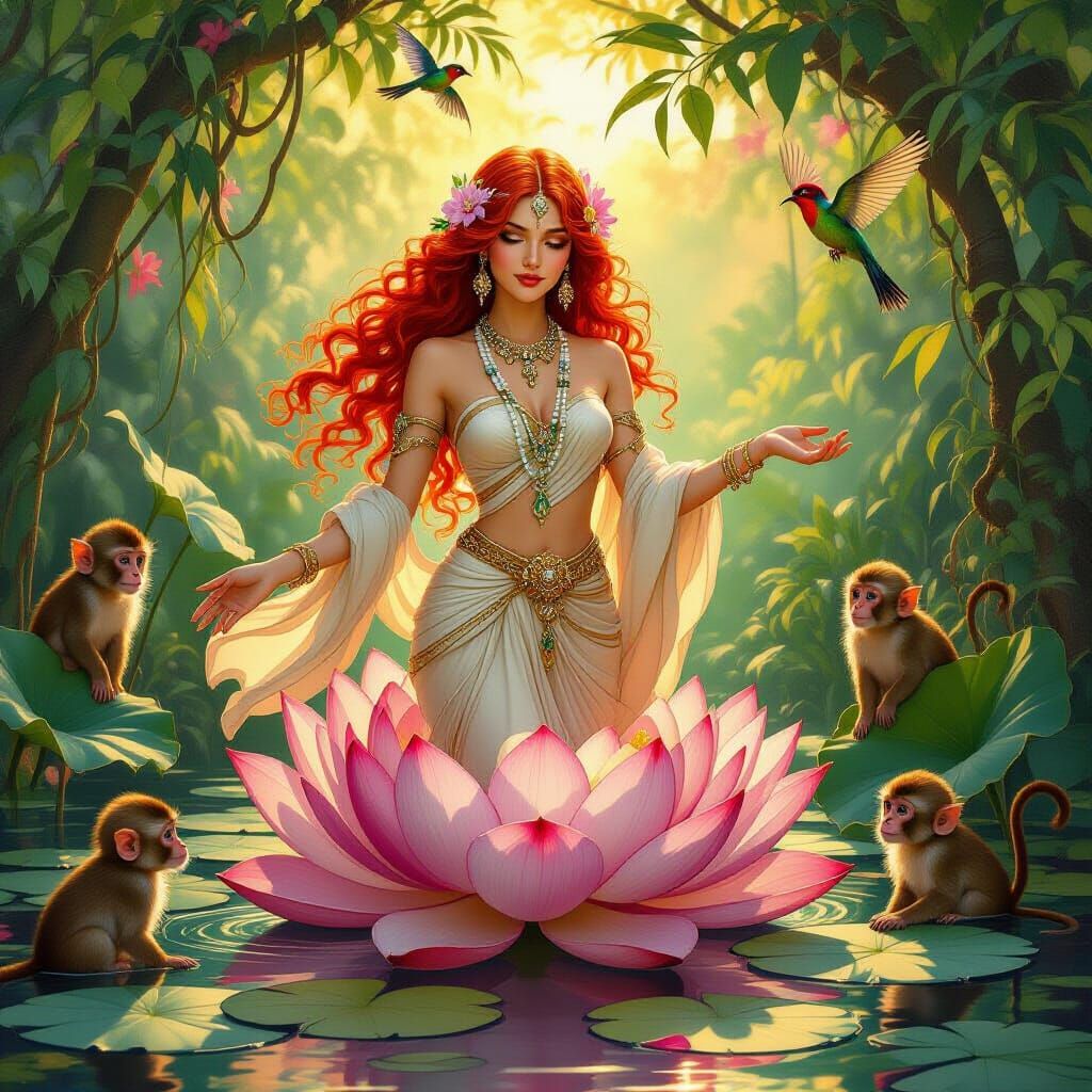 Redhead Goddess Emerges in Jungle, Art Nouveau Style