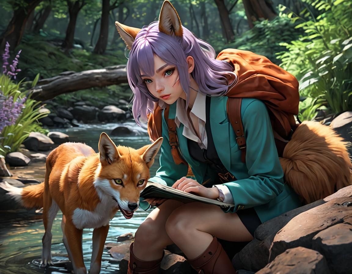 Girl and Ethiopian Wolf in Anime Style