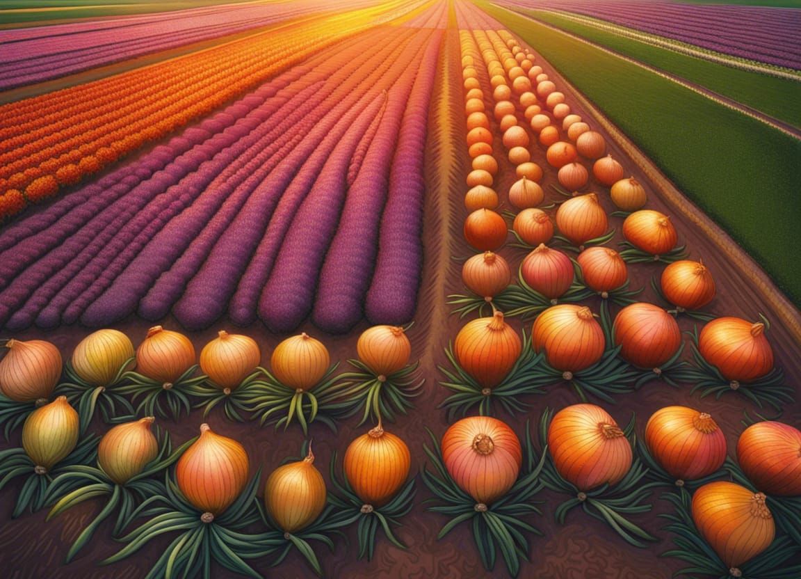 Aerial View of Giant Onions in Impressionistic Style