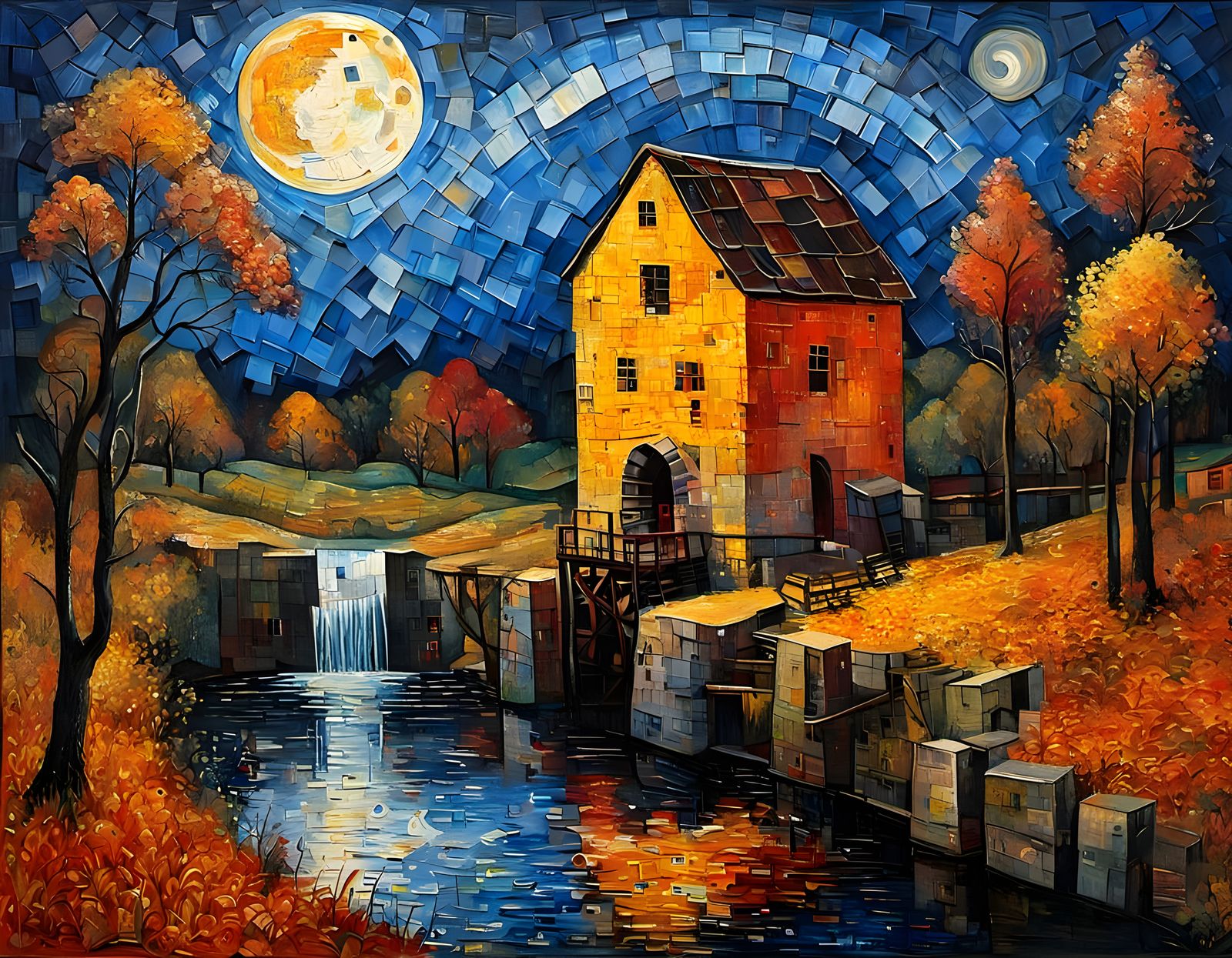 Autumn Watermill Under Full Moon in Vibrant Encaustic Impast...