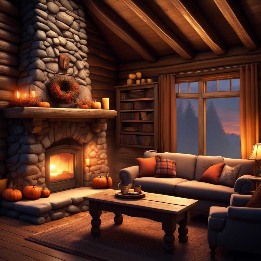 Cozy Rustic Cabin Interior with Fireplace