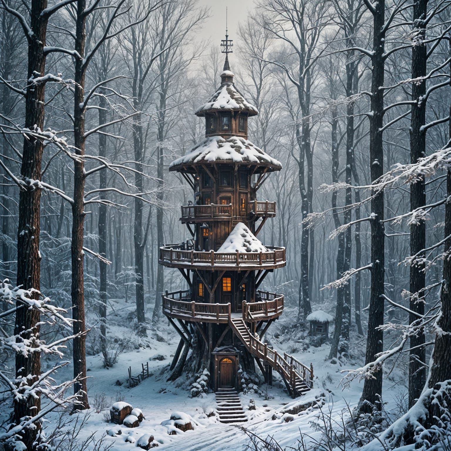 Sinister Snowy Woods with Lookout: Matte Painting