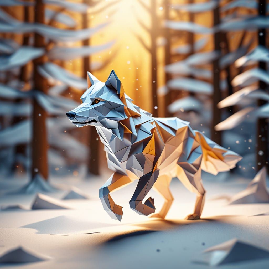 Wolf Running in Snow: Origami Papercraft Style