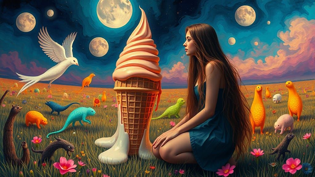 Surreal Folklore Scene with Woman and Melting Ice Cream