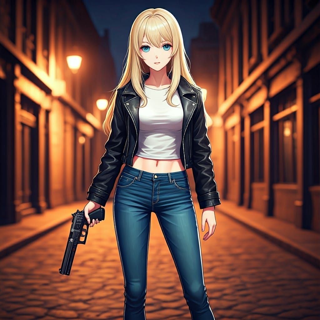 Confident Anime Woman with Handgun in 3D Style
