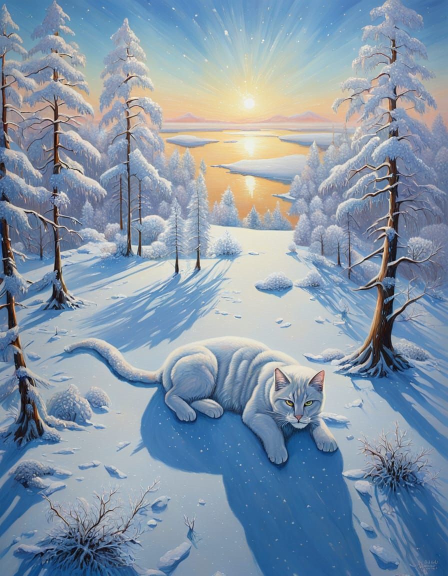 Surreal Winter Landscape with Giant Cat on Frozen Lake