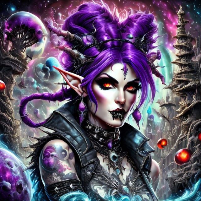 Punk Vampire Elf Diva in Cosmic Spacescape Digital Art