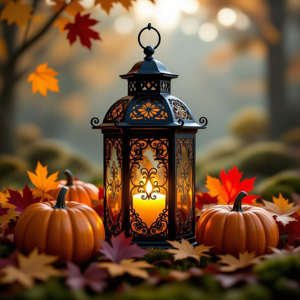 Autumn Lantern with Gold Swirls and Pumpkins, Digital Art