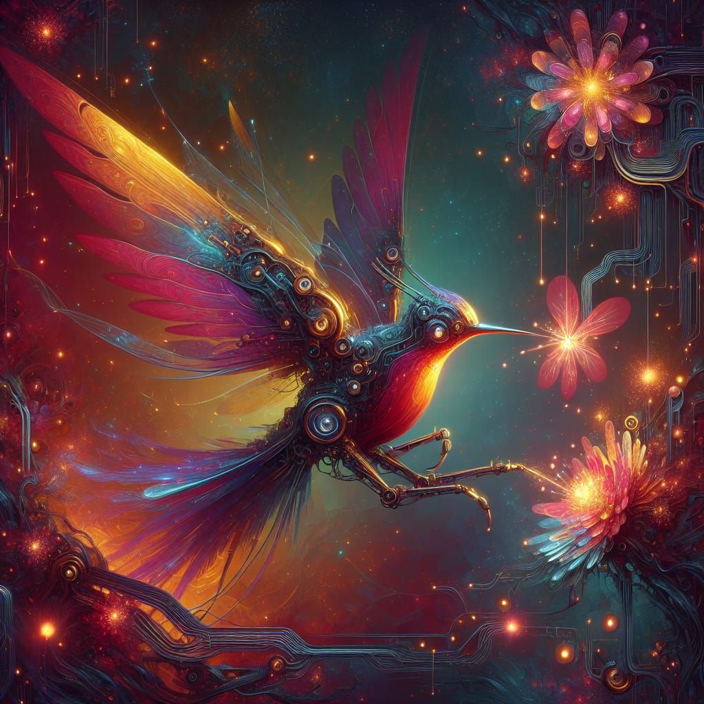 Mechanical Hummingbird Collecting Sparks in Circuit Garden