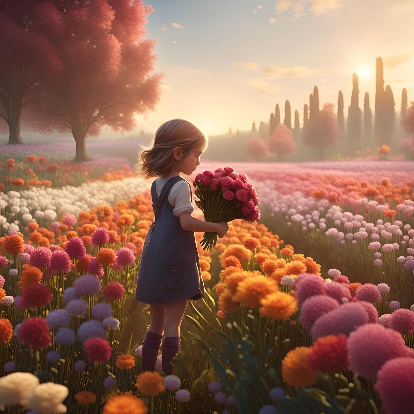 Girl Picks Flowers in Morning Light: Fantasy Art
