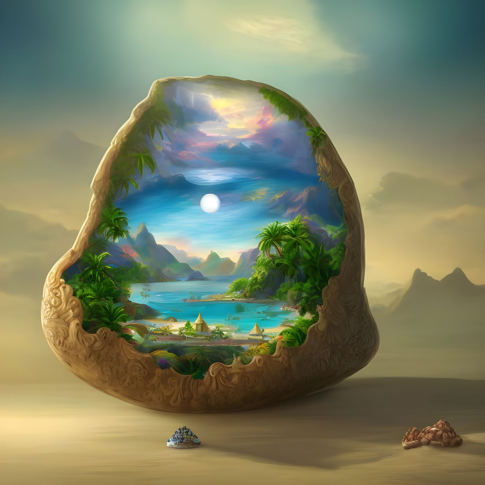 Tropical Beach and Castle Inside a Pearl