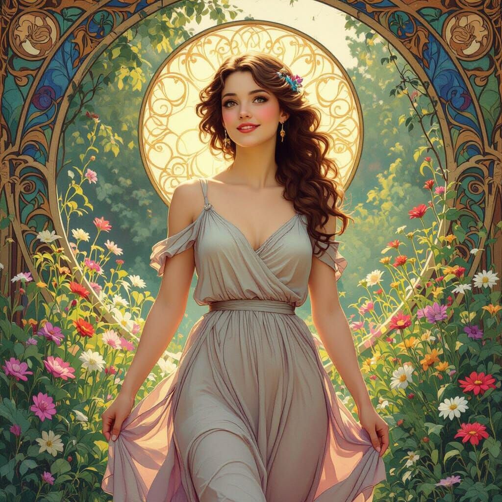 Woman in Flowered Path, Inspired by Classic Art