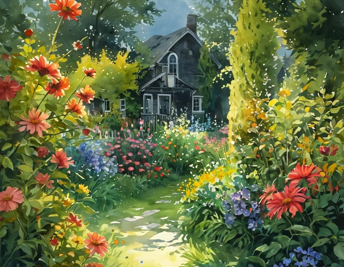 Blooming Backyard Garden in Watercolor with Sunbeams