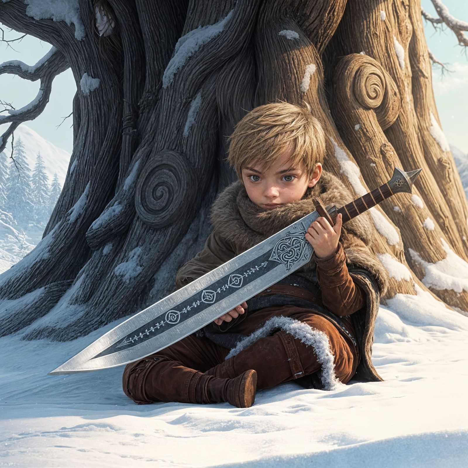 Child with Sword in Snowy Anime Landscape