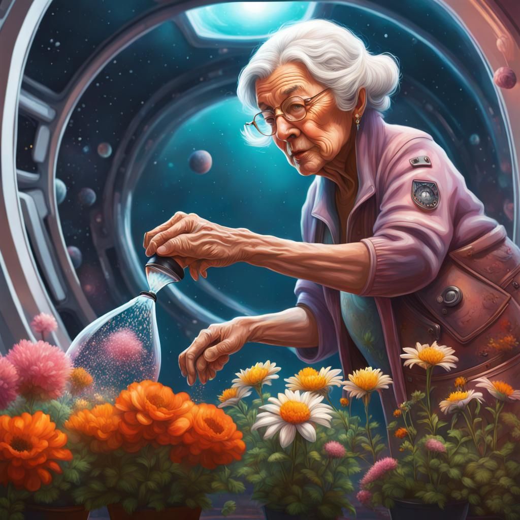 Elderly Woman Waters Flowers in Spaceship: Hyperrealistic Ar...