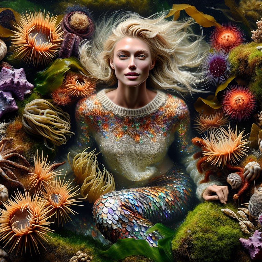 Ethereal Mermaid in Tidal Pool, Hyperrealistic HDR Art