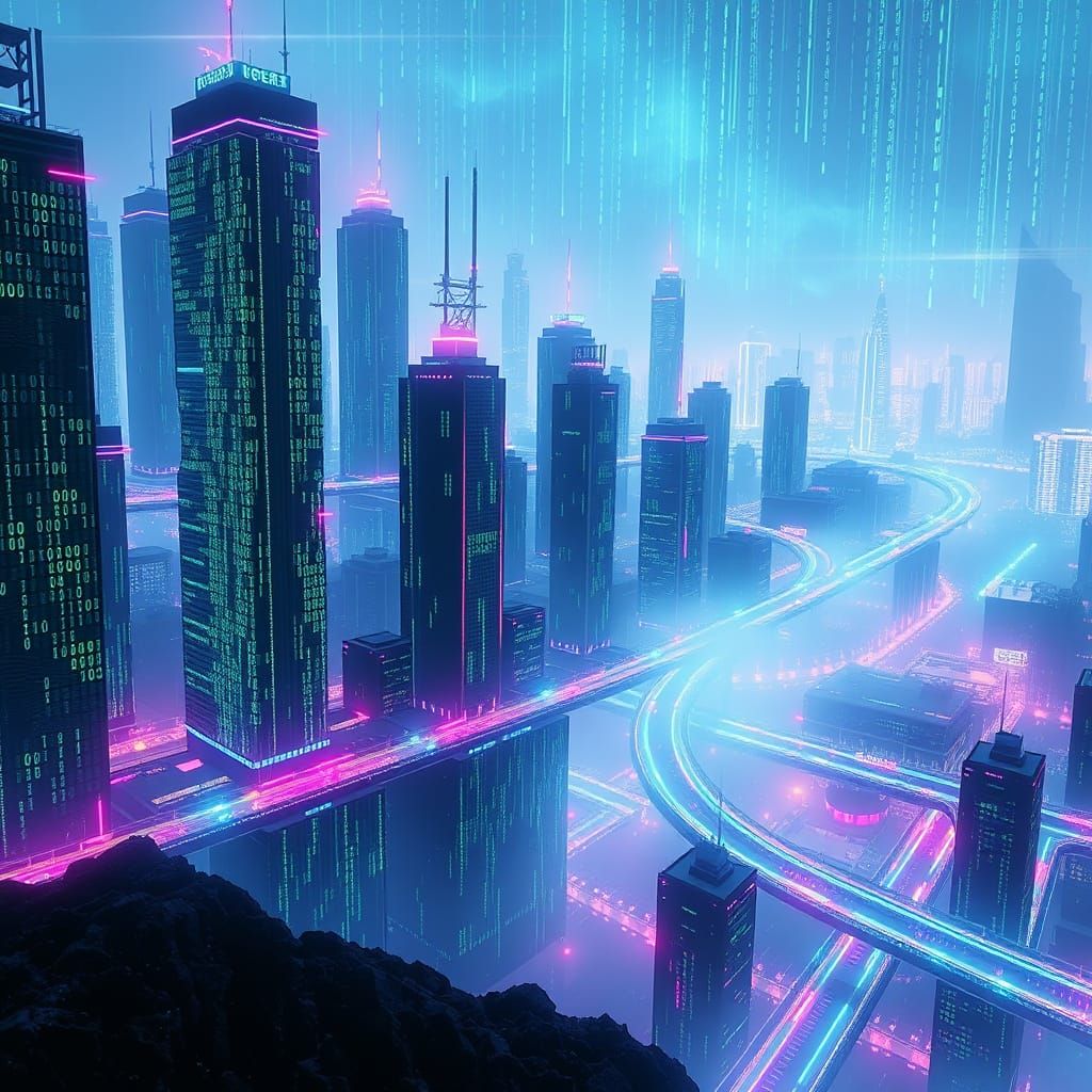 Cyberpunk City Built From Glowing Binary Code