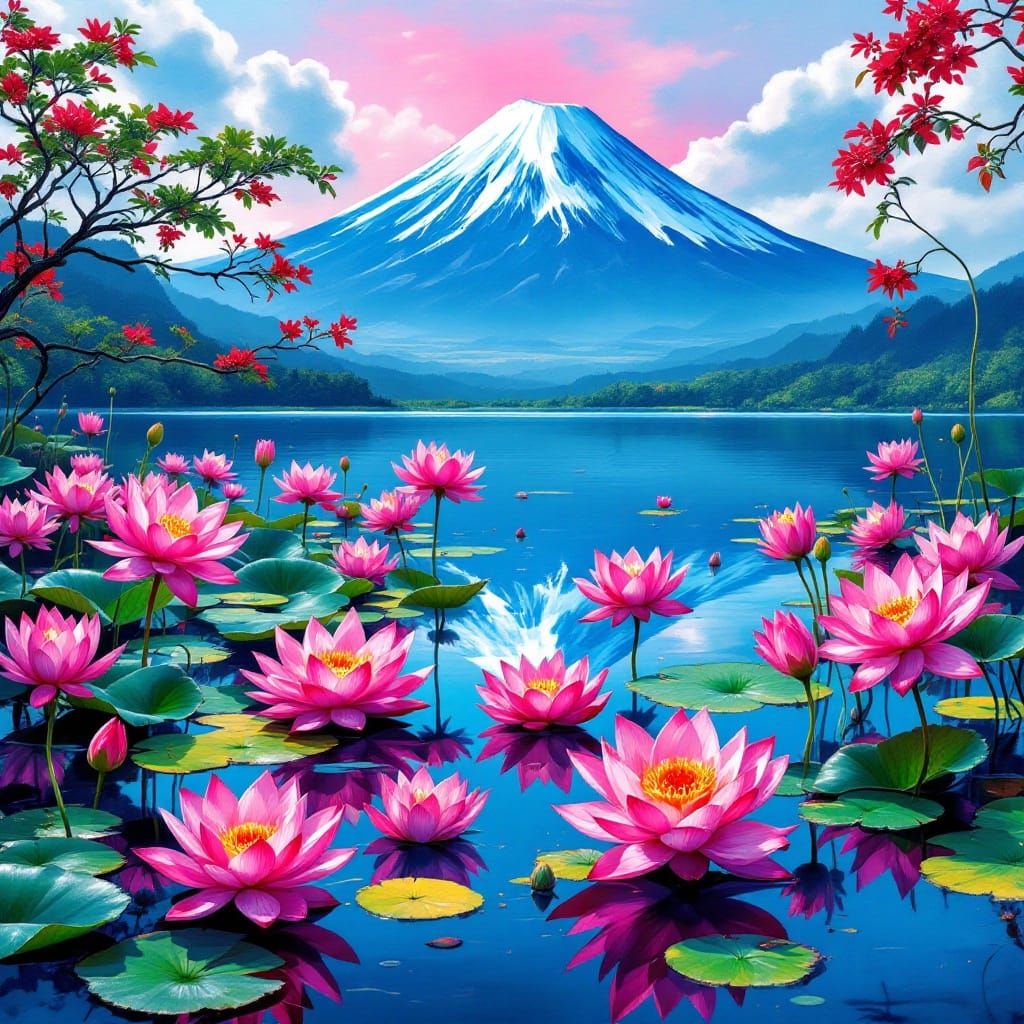 Surreal Japanese Landscape with Vibrant Lotus Flowers and Ma...