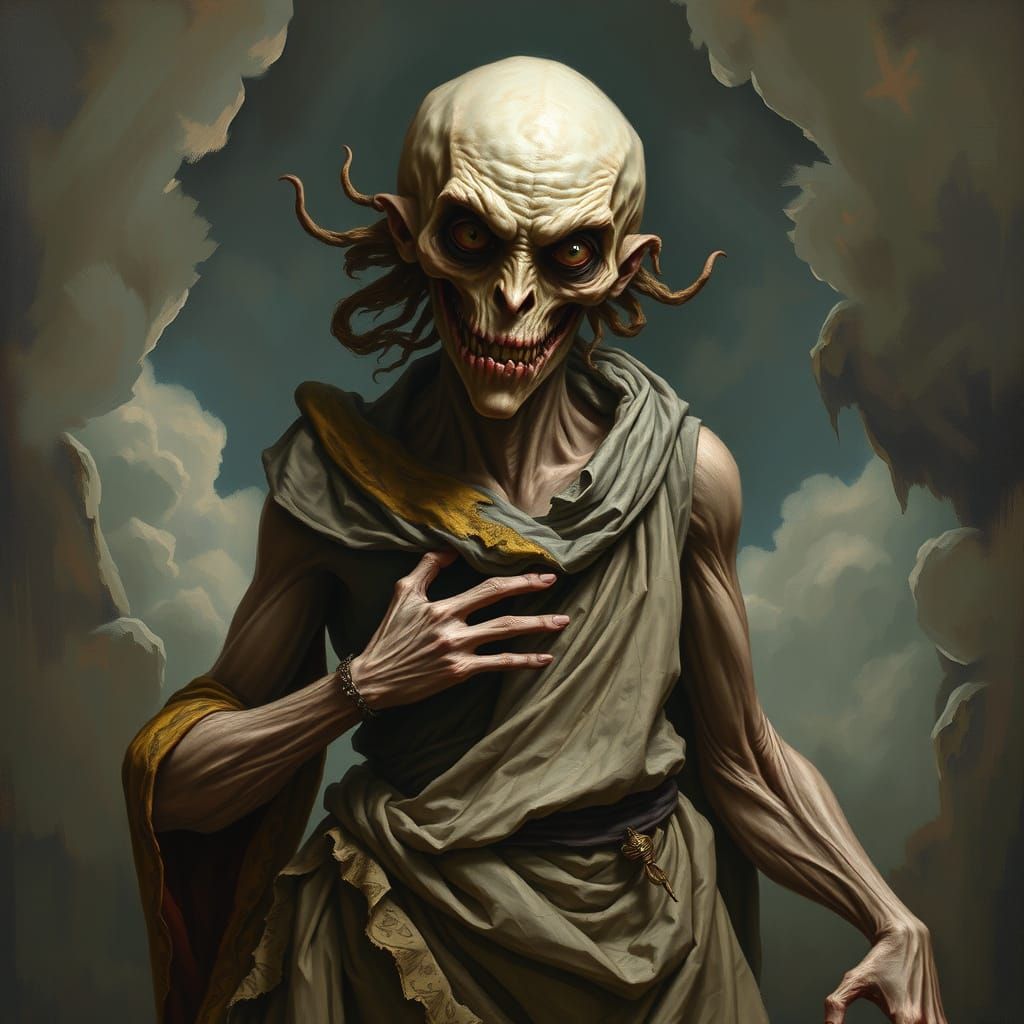 Grotesque Renaissance Figure in Dreamlike Setting