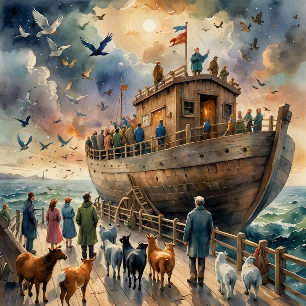 Noah's Ark Concept Art in Watercolor Style