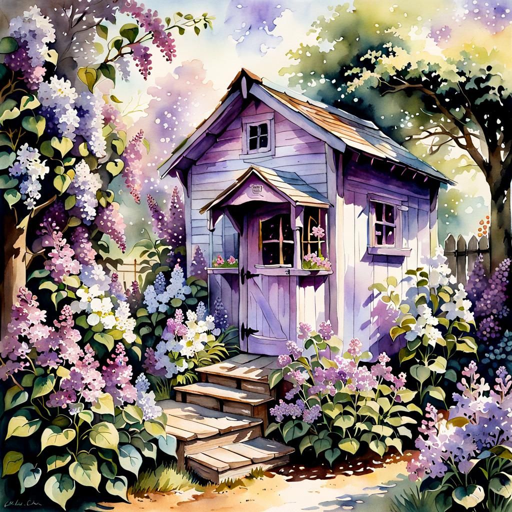 Lilac Garden Shed in Stylized Watercolor
