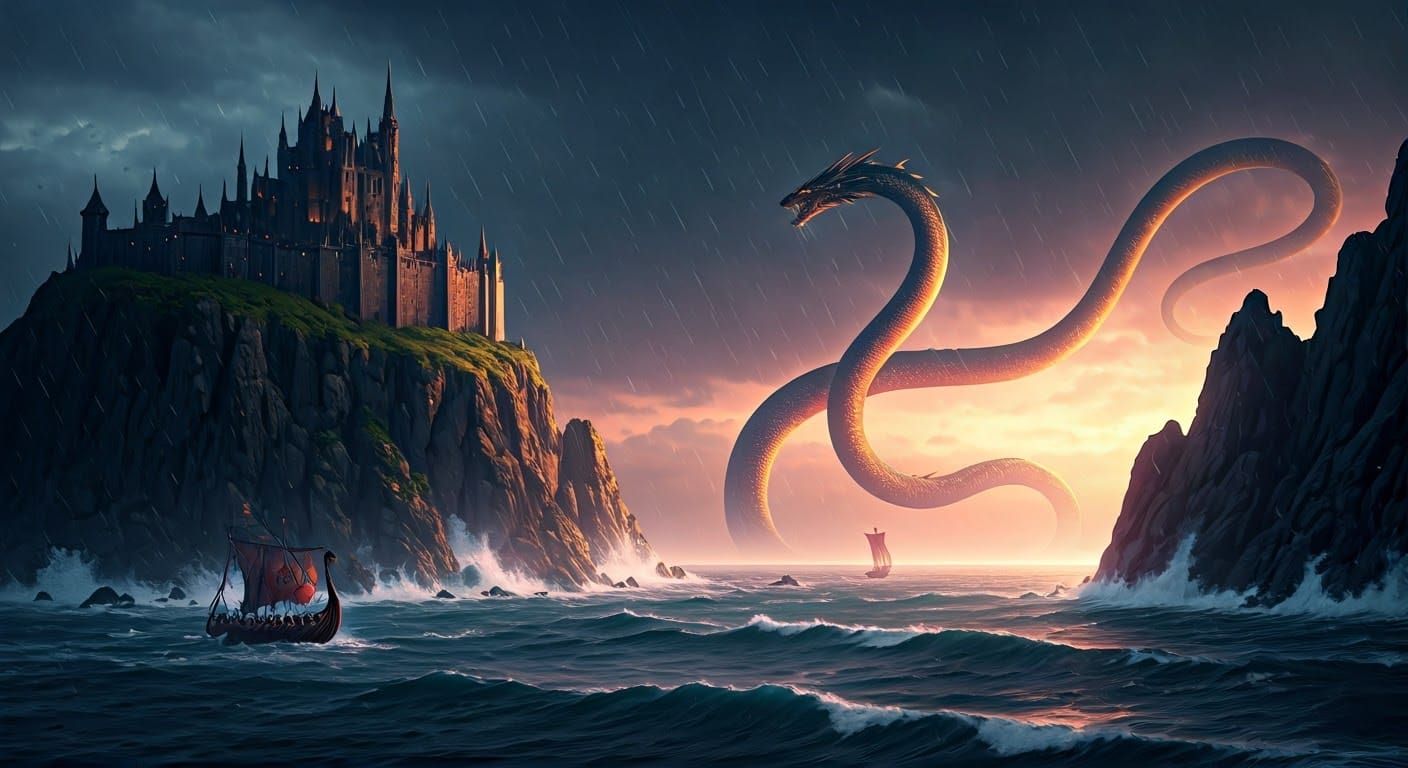 Sea Serpent Attacks Castle in Dark Fantasy Style