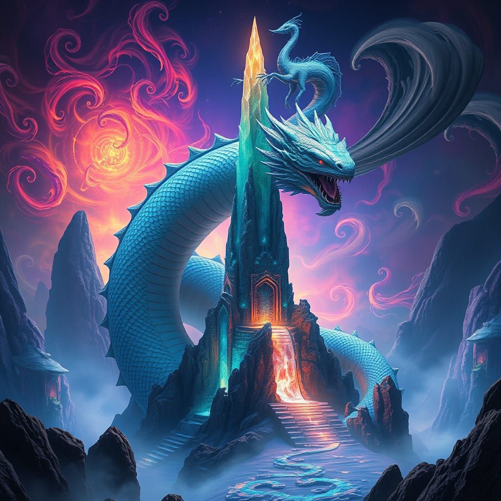Serpentine Guardian Watches Over Dreamlike Crystal Spire