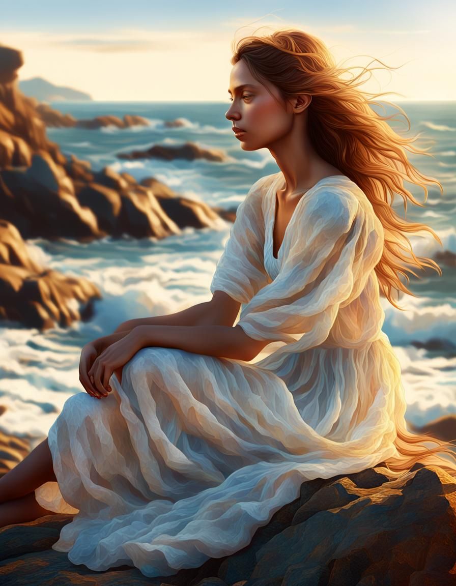 Woman on Rocky Seashore in Golden Hour Lighting