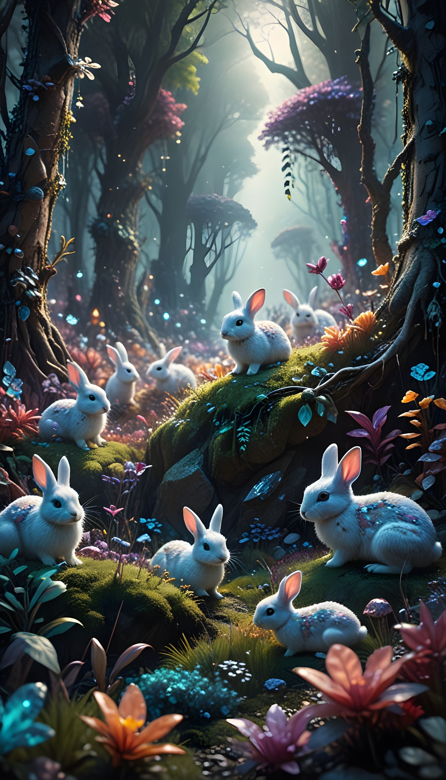 Vibrant Crystal Realm of Baby Rabbits in Stunning Detail