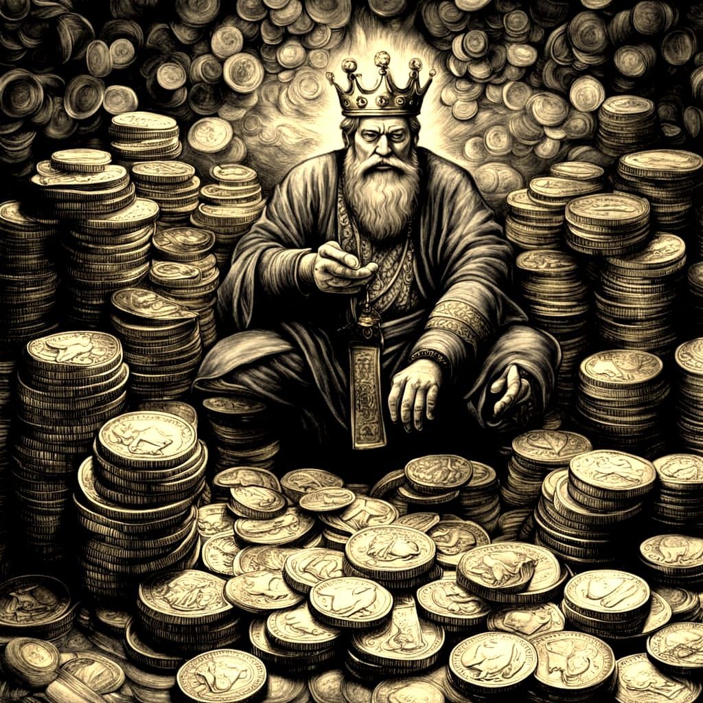King Midas Counting Gold Coins in Detailed Charcoal Drawing