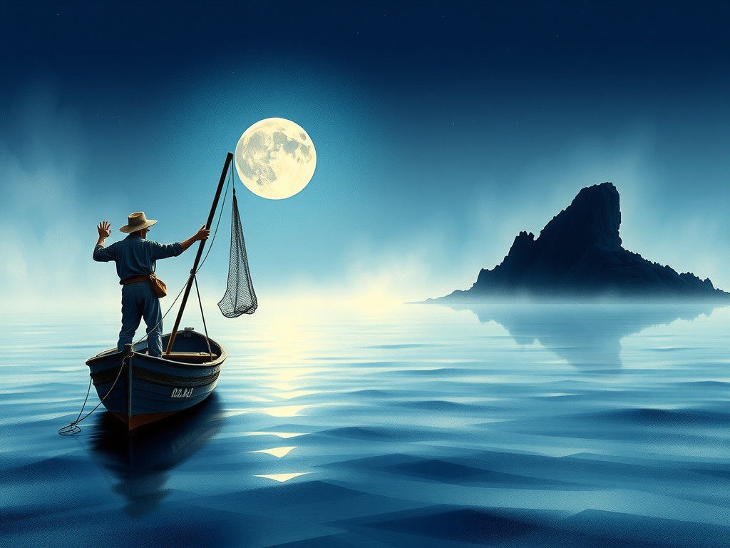 Fisherman Under Moonlight in Dreamlike Watercolor Style