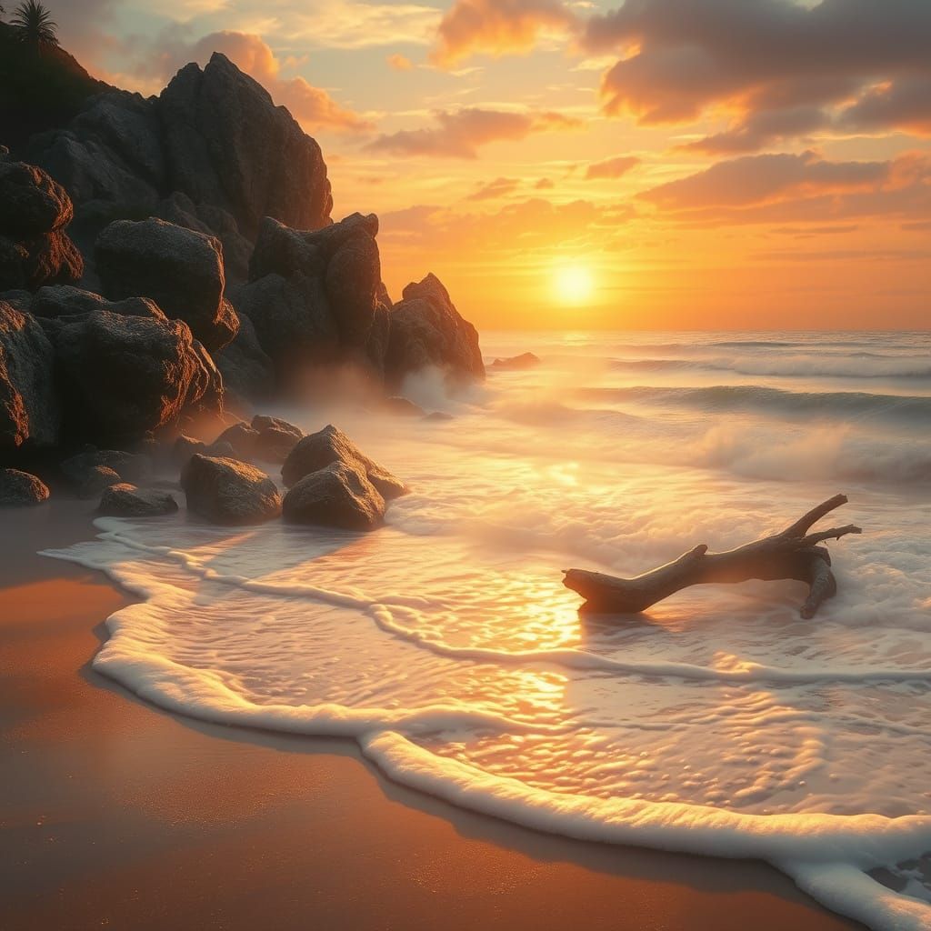 Golden Beach at Sunset, Whimsical Fantasy Scene