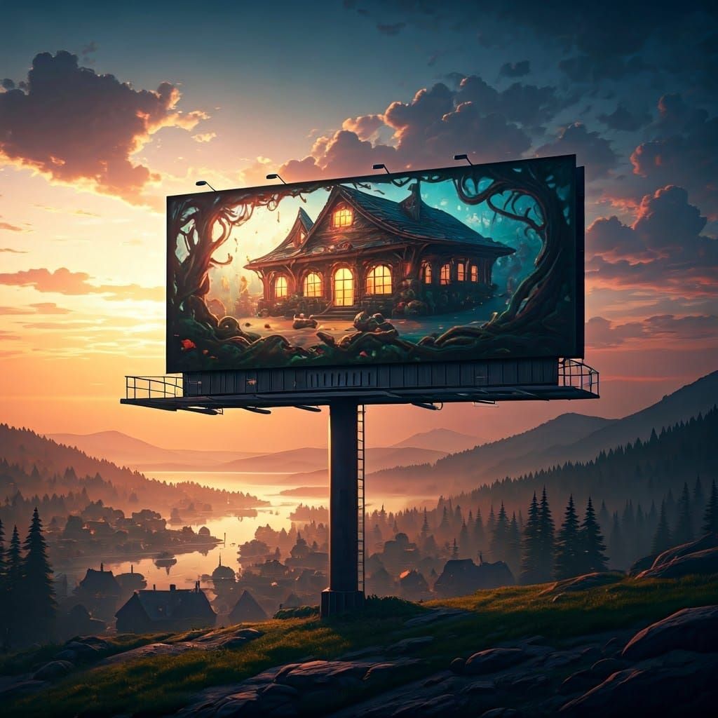 Surreal Cafe Billboard over Bright Falls Lake Town