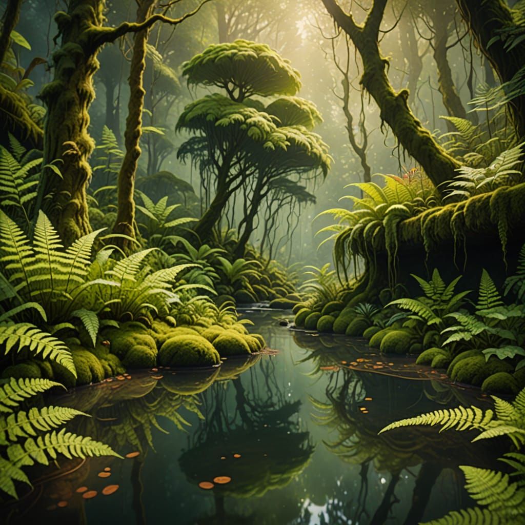 Lush Fern Forest Pool in Vibrant Oil Painting
