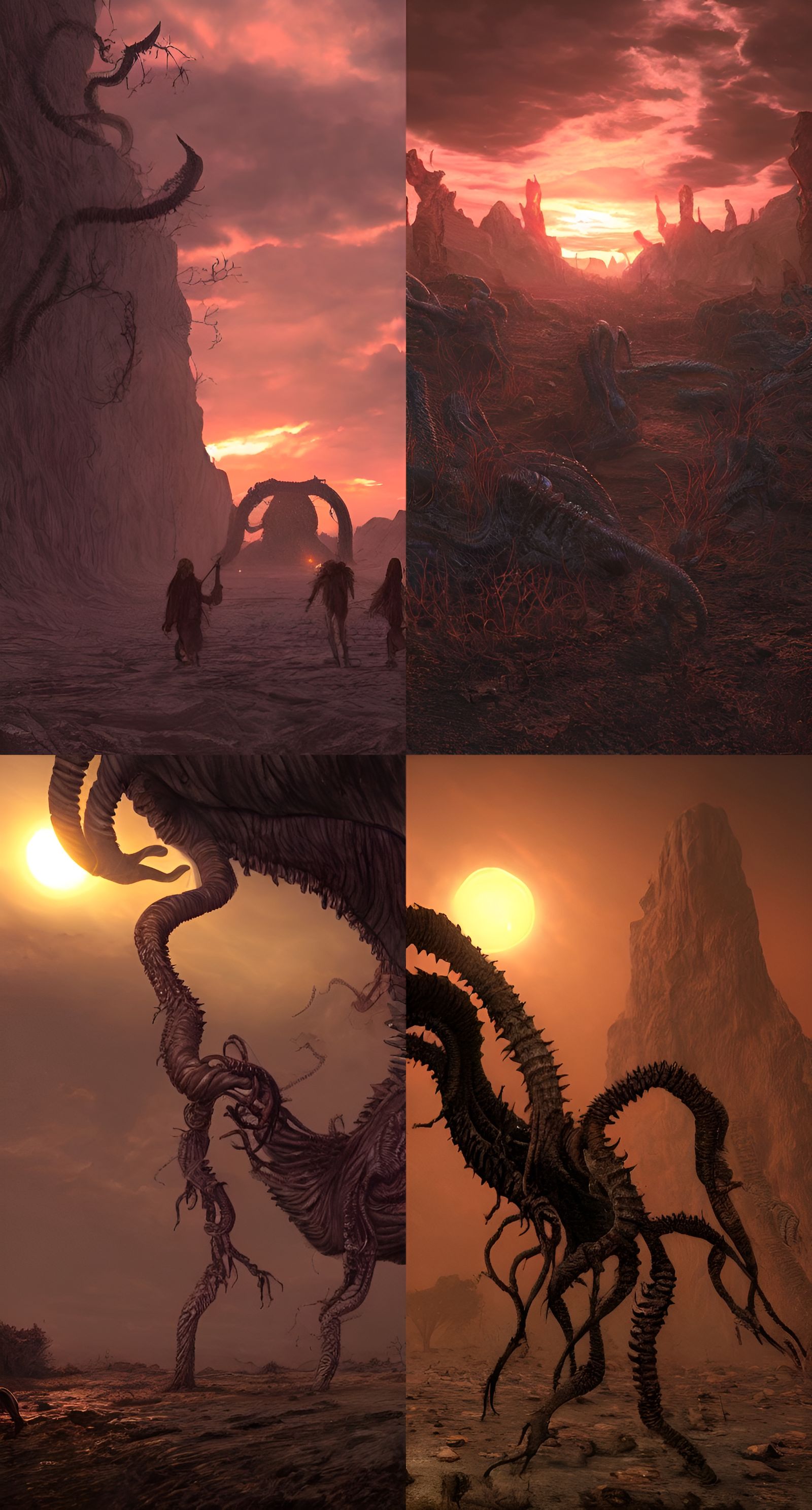 Eldritch Creatures Wander Wasteland at Sunset